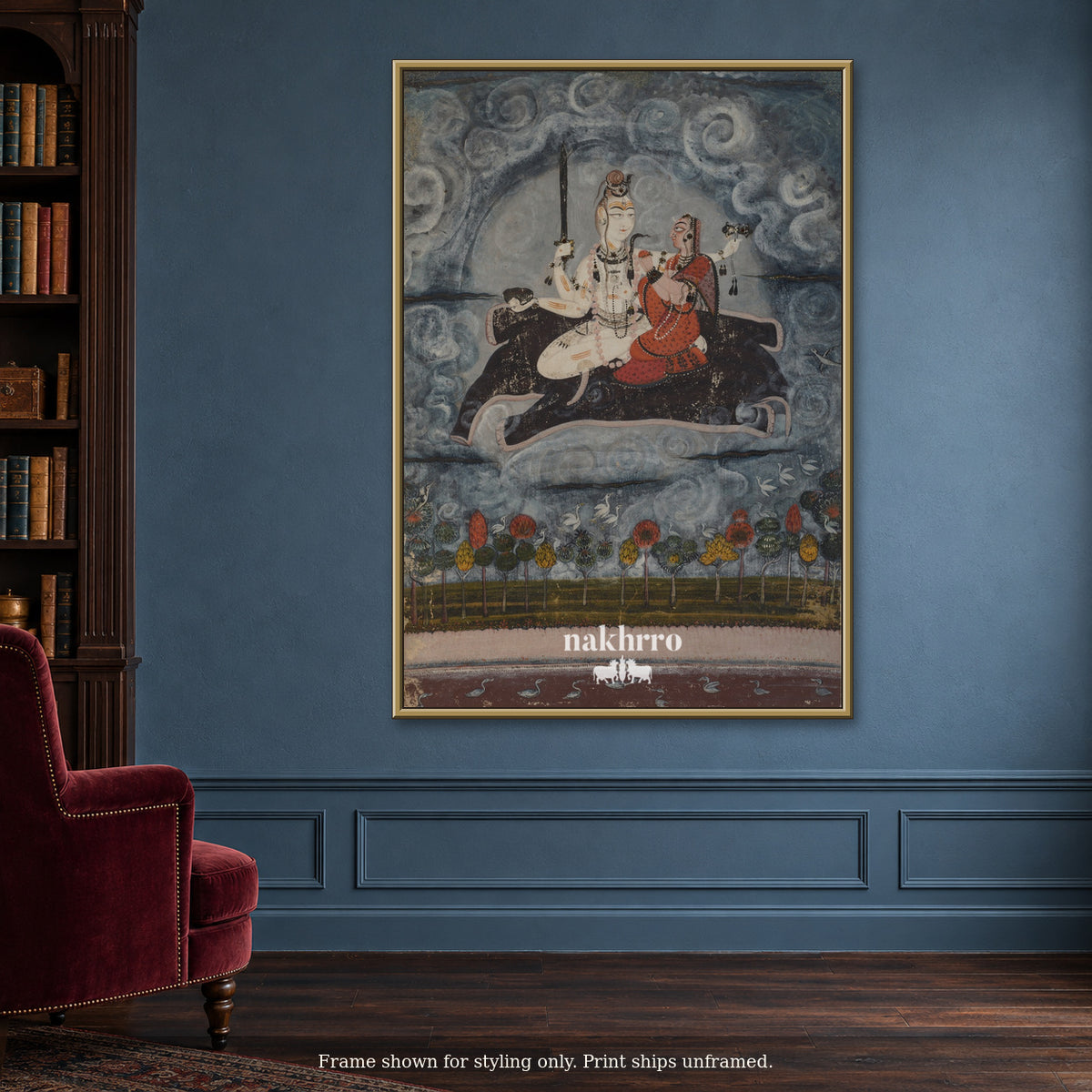 Shiva and Parvati Amid the Clouds — blue reading room framed styling mockup, print ships unframed