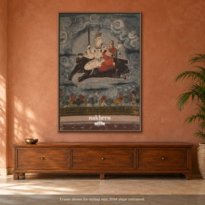 Shiva and Parvati Amid the Clouds — terracotta room framed styling mockup, print ships unframed