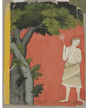 Shiva standing beneath a sacred tree against a vivid red field