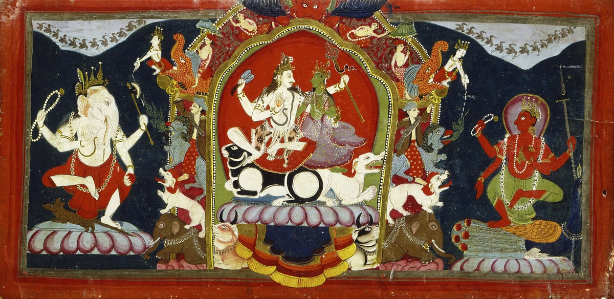 Shiva Parivar with Ganesha and the divine assembly in a wide composition