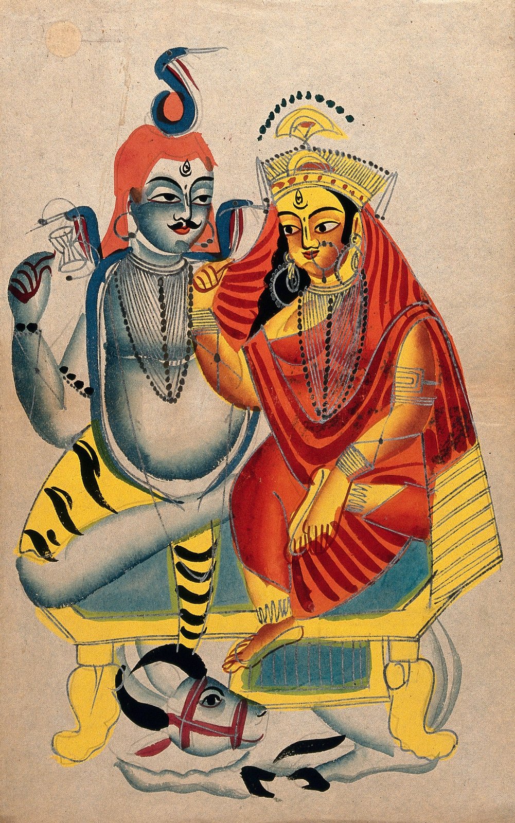 Shiva and Parvati enthroned with Nandi in a late nineteenth-century Kalighat painting