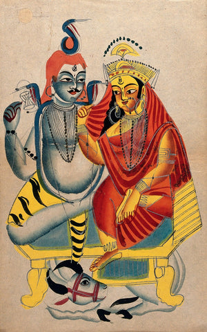 Shiva and Parvati enthroned with Nandi in a late nineteenth-century Kalighat painting