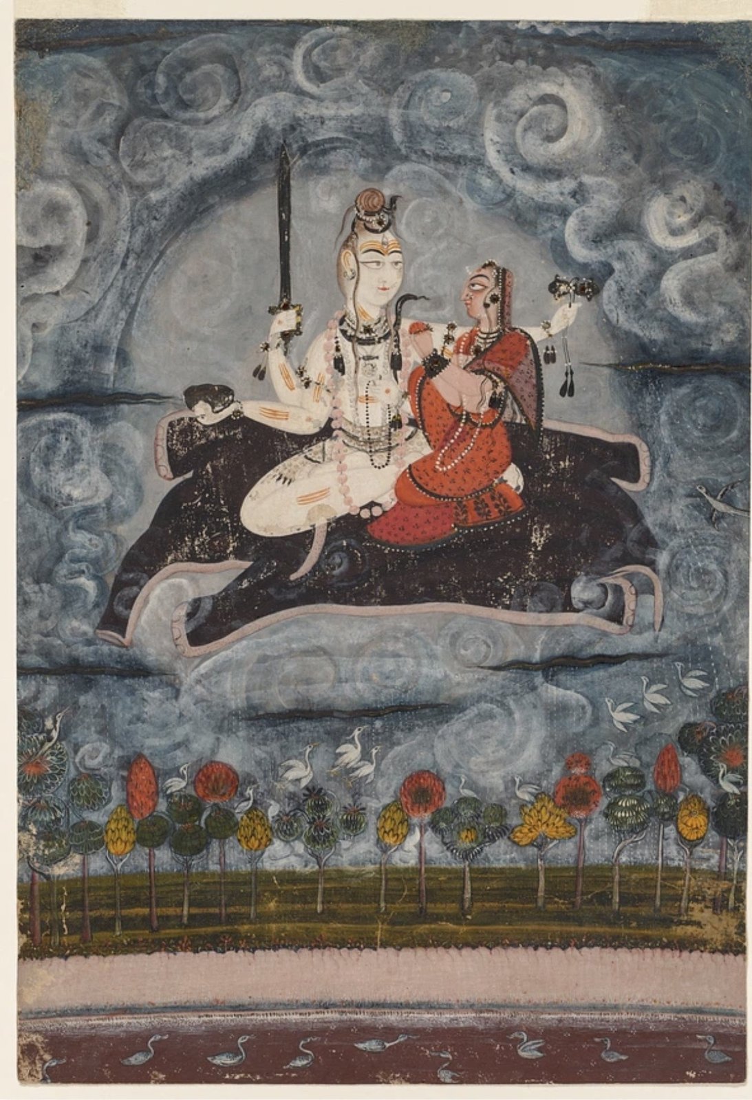Shiva and Parvati seated above a lotus landscape on Gajasura’s hide