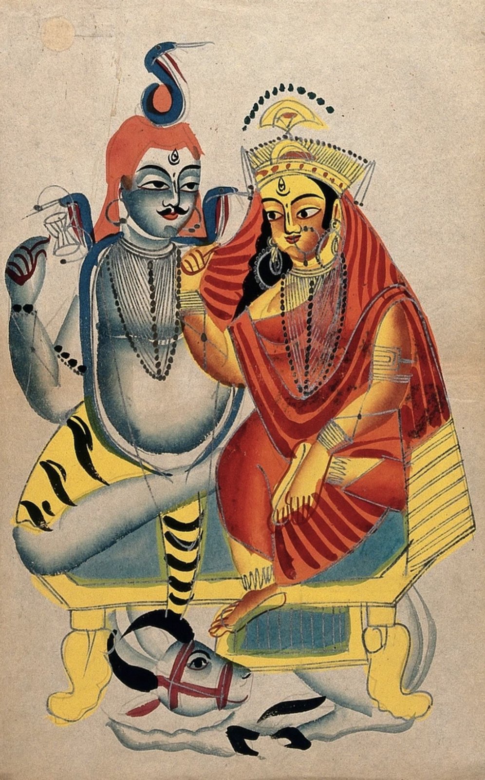 Shiva and Parvati seated together in a bold Kalighat composition