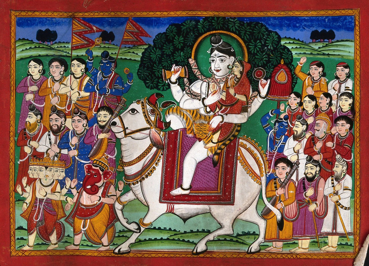 Shiva and Parvati mounted on Nandi in a divine procession