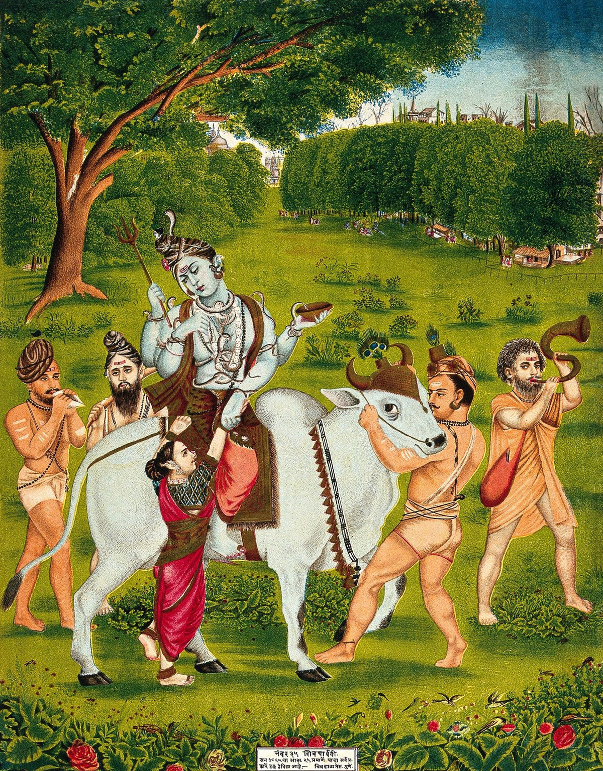 Shiva-Parvati procession on Nandi, vintage Chitrashala Press devotional chromolithograph