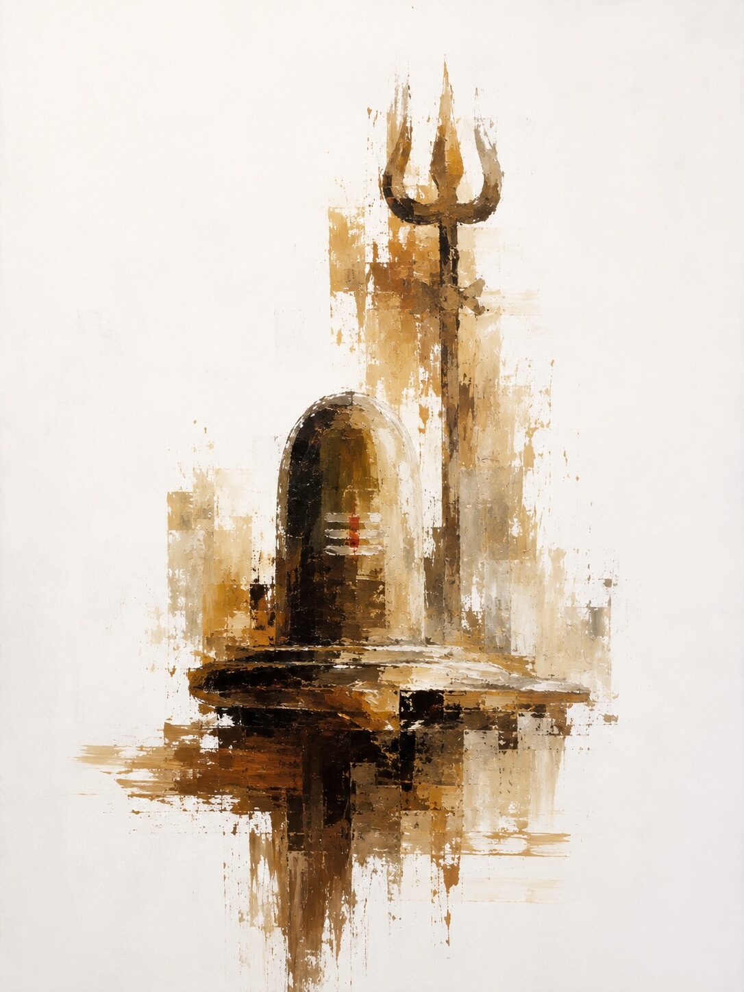 Contemporary Indian painting of a Shivling and trishul in warm earth tones