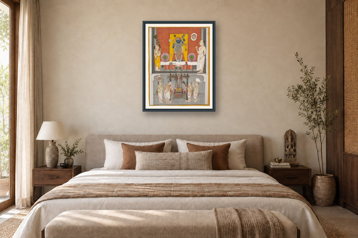 Shreenath ji pichwai with Thakur ji museum-grade art print in a bedroom