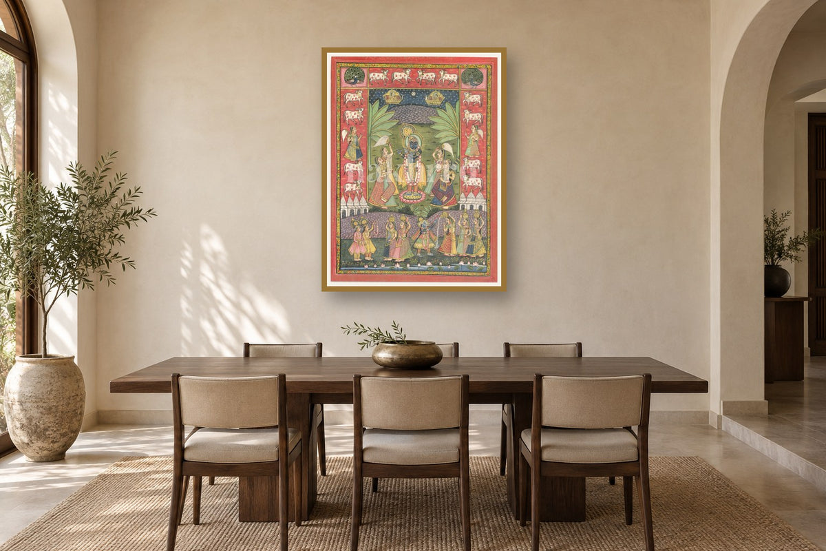 Shrinath Ji Pichwai Holi Scene styled in a premium dining room