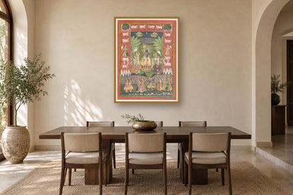 Shrinath Ji Pichwai Holi Scene styled in a premium dining room