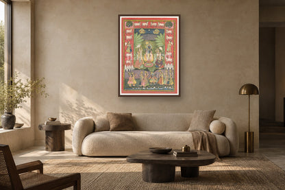 Shrinath Ji Pichwai Holi Scene styled in a premium living room