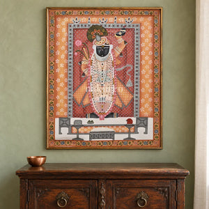 Shrinathji in Saffron and Rose — 18 × 24 inch original in a close collector setting, with Nakhrro watermark; styling visualisation