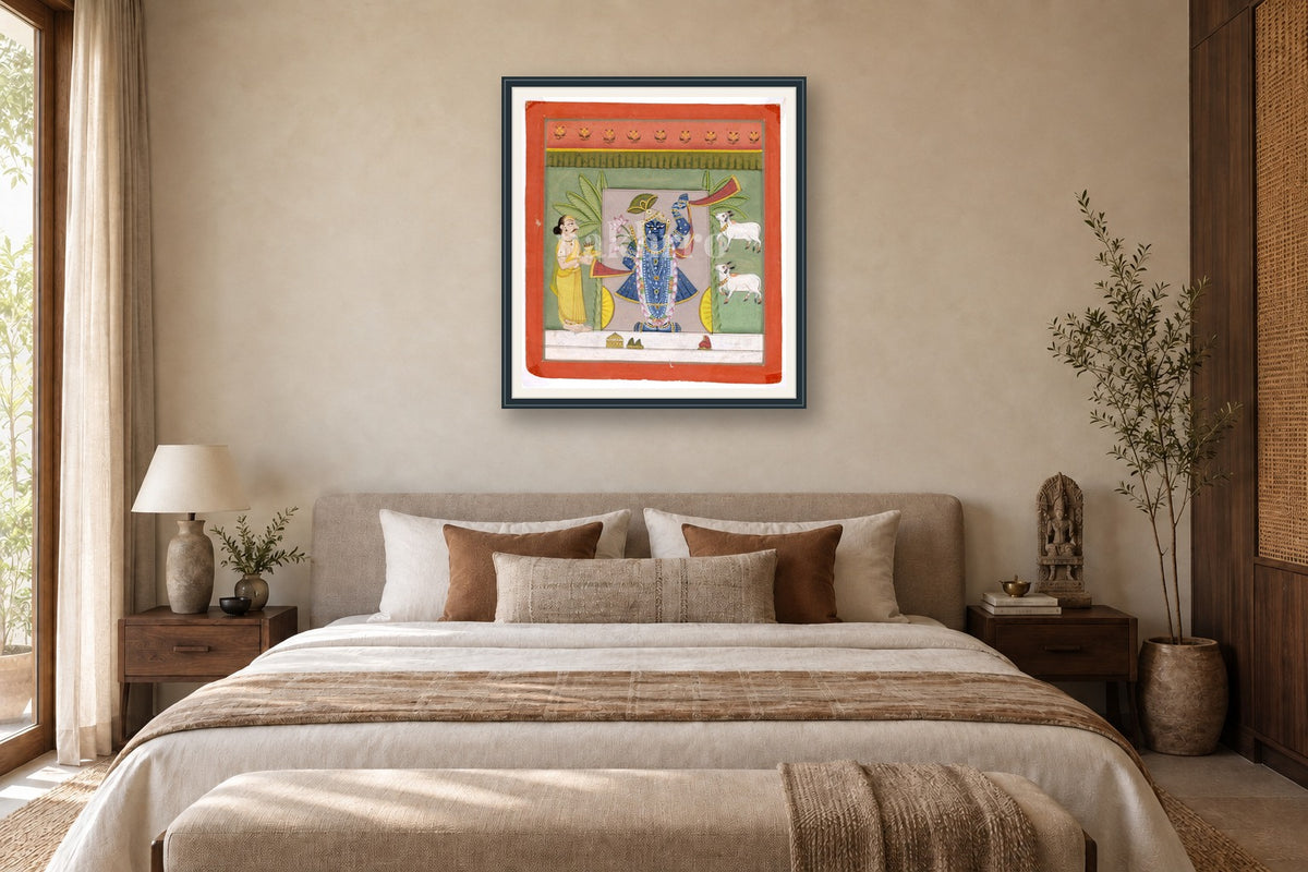 Shrinath Ji Aarti Darshan Pichwai styled in a premium bedroom