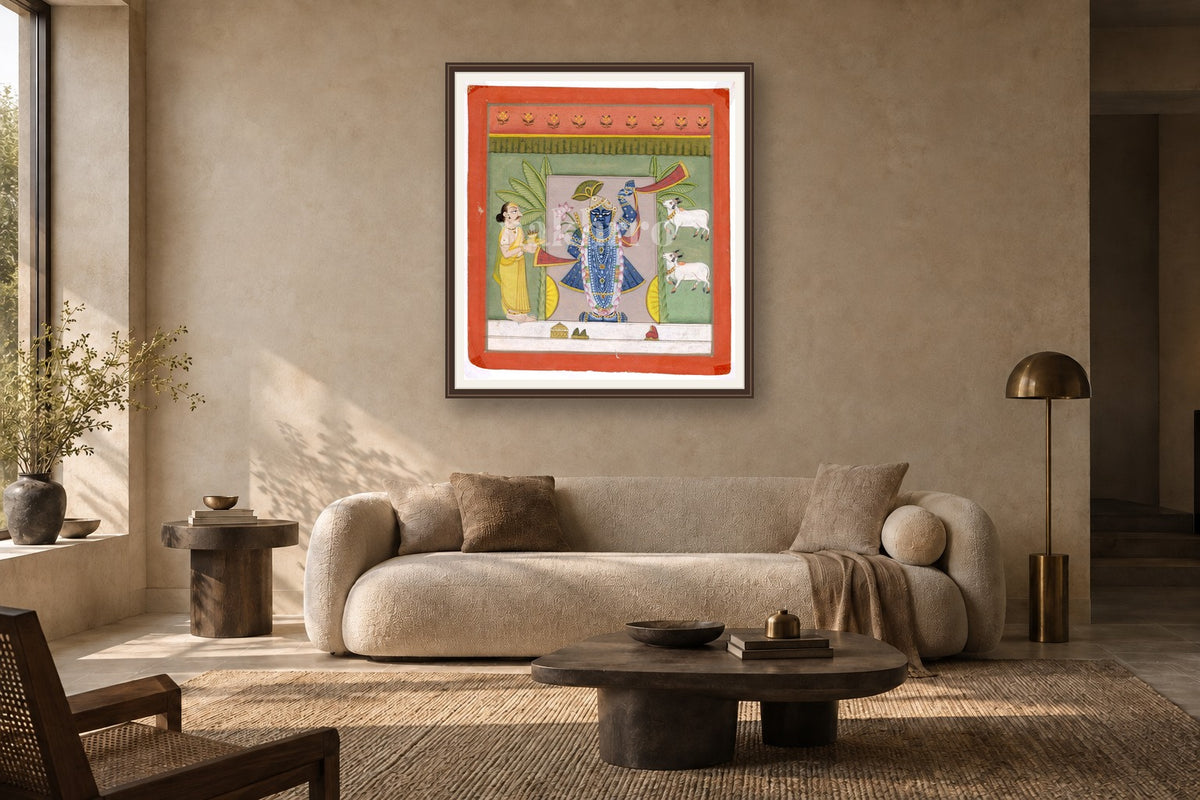 Shrinath Ji Aarti Darshan Pichwai styled in a premium living room