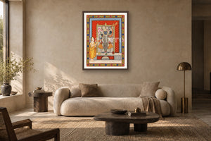 Shrinath Ji Aarti Pichwai styled in a premium living room
