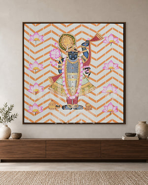 Shrinathji and Pink Lotuses on Orange Chevrons — slim-frame room mockup 1 with Nakhrro watermark