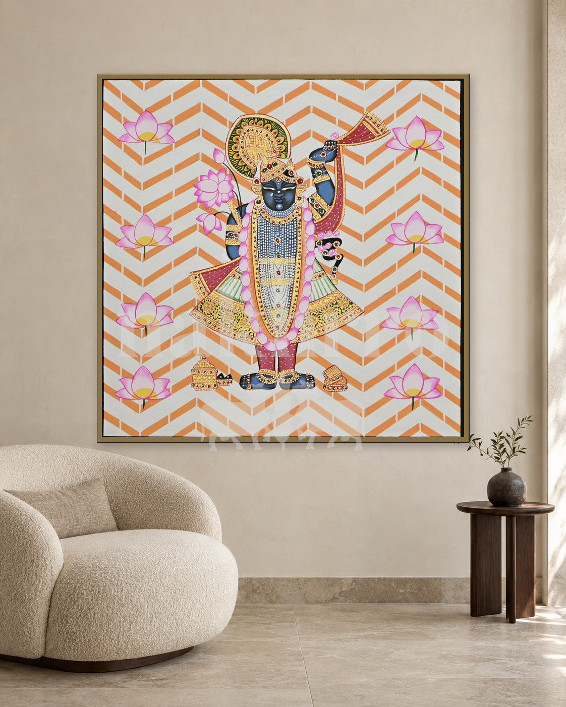 Shrinathji and Pink Lotuses on Orange Chevrons — slim-frame room mockup 2 with Nakhrro watermark