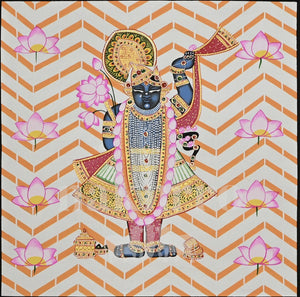 Shrinathji and Pink Lotuses on Orange Chevrons — full artwork with Nakhrro watermark