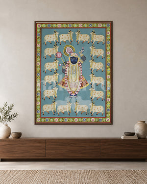 Shrinathji and White Cows in Turquoise — slim-frame room mockup 1 with Nakhrro watermark