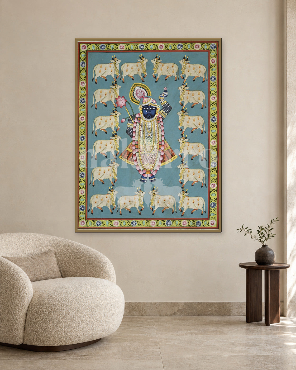 Shrinathji and White Cows in Turquoise — slim-frame room mockup 2 with Nakhrro watermark