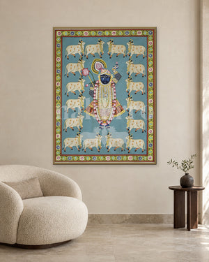 Shrinathji and White Cows in Turquoise — slim-frame room mockup 2 with Nakhrro watermark