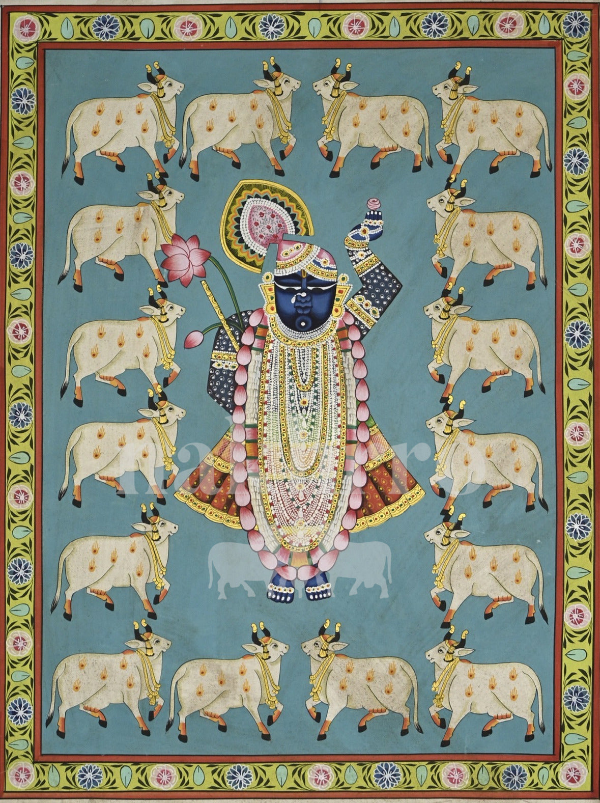 Shrinathji and White Cows in Turquoise — full artwork with Nakhrro watermark