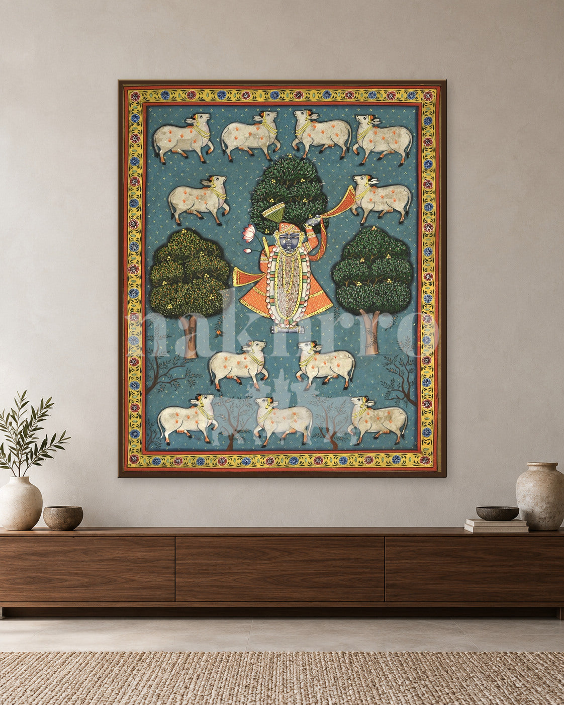 Shrinathji beneath Sacred Trees in Teal — slim-frame room mockup 1 with Nakhrro watermark