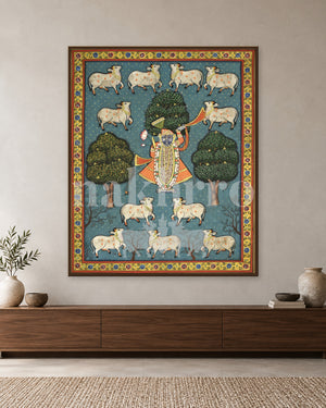 Shrinathji beneath Sacred Trees in Teal — slim-frame room mockup 1 with Nakhrro watermark
