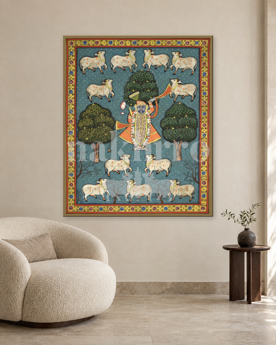 Shrinathji beneath Sacred Trees in Teal — slim-frame room mockup 2 with Nakhrro watermark
