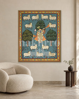 Shrinathji beneath Sacred Trees in Teal — slim-frame room mockup 2 with Nakhrro watermark