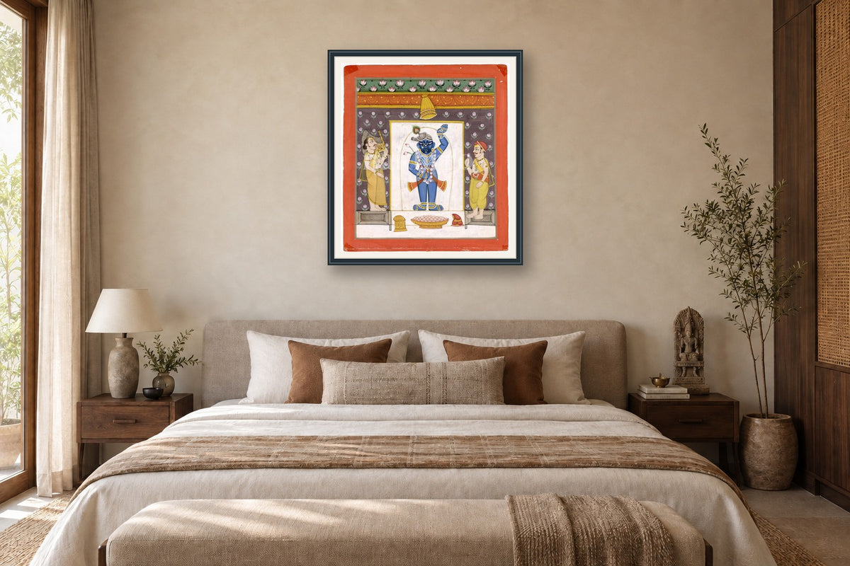 Shrinath Ji Bhog Darshan Pichwai styled in a premium bedroom