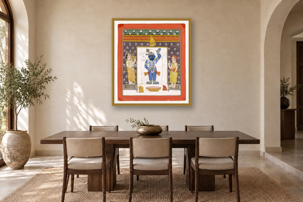 Shrinath Ji Bhog Darshan Pichwai styled in a premium dining room