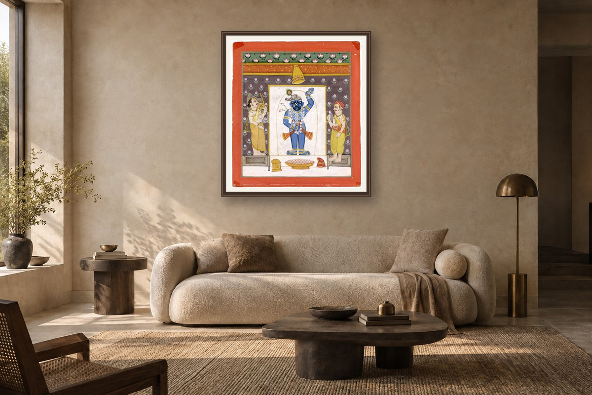 Shrinath Ji Bhog Darshan Pichwai styled in a premium living room