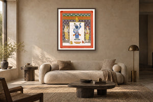 Shrinath Ji Bhog Darshan Pichwai styled in a premium living room