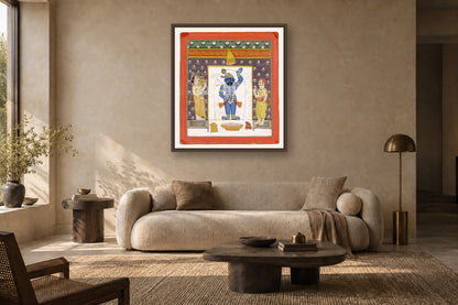 Shrinath Ji Bhog Darshan Pichwai styled in a premium living room