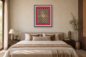 Shrinath Ji & The Game Of Chess Contemporary Geometric Pichwai styled in a premium bedroom
