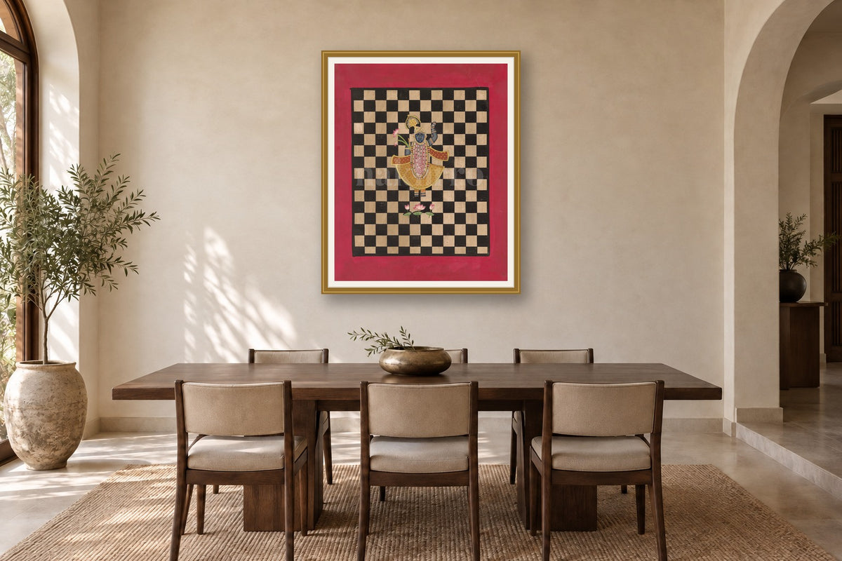 Shrinath Ji & The Game Of Chess Contemporary Geometric Pichwai styled in a premium dining room