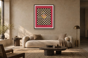 Shrinath Ji & The Game Of Chess Contemporary Geometric Pichwai styled in a premium living room