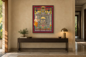 Shrinathji Darshan Pichwai Art Print in an entryway
