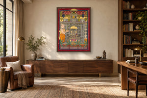 Shrinathji Darshan Pichwai Art Print in a study room