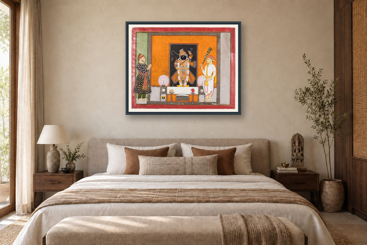 Shri Nathji Darshan Pichwai Art museum-grade art print in a bedroom