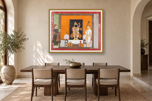 Shri Nathji Darshan Pichwai Art museum-grade art print in a dining room