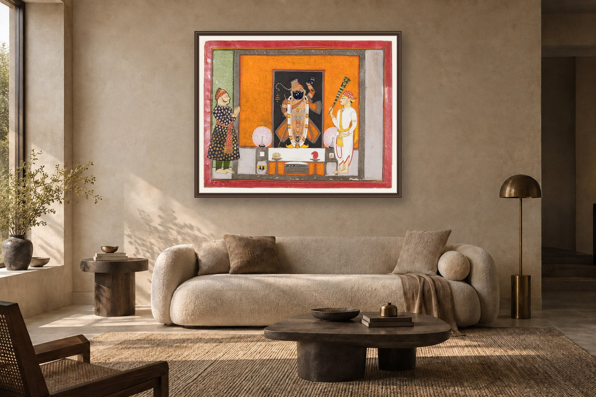 Shri Nathji Darshan Pichwai Art museum-grade art print in a living room