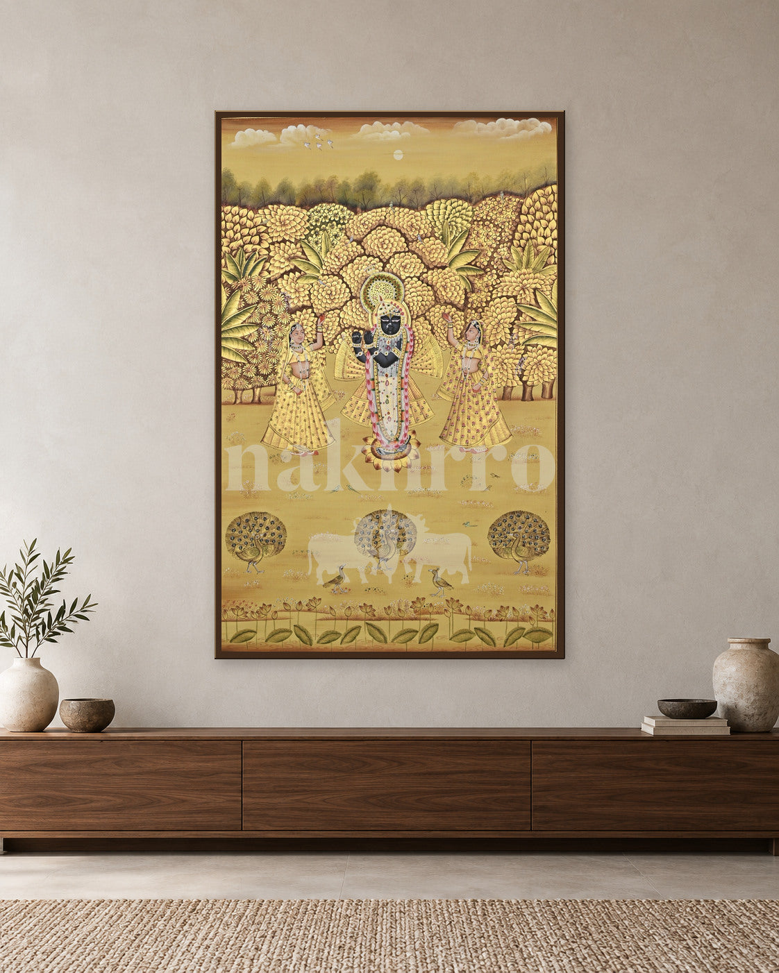 Shrinathji in a Golden Grove with Attendants — slim-frame room mockup 1 with Nakhrro watermark