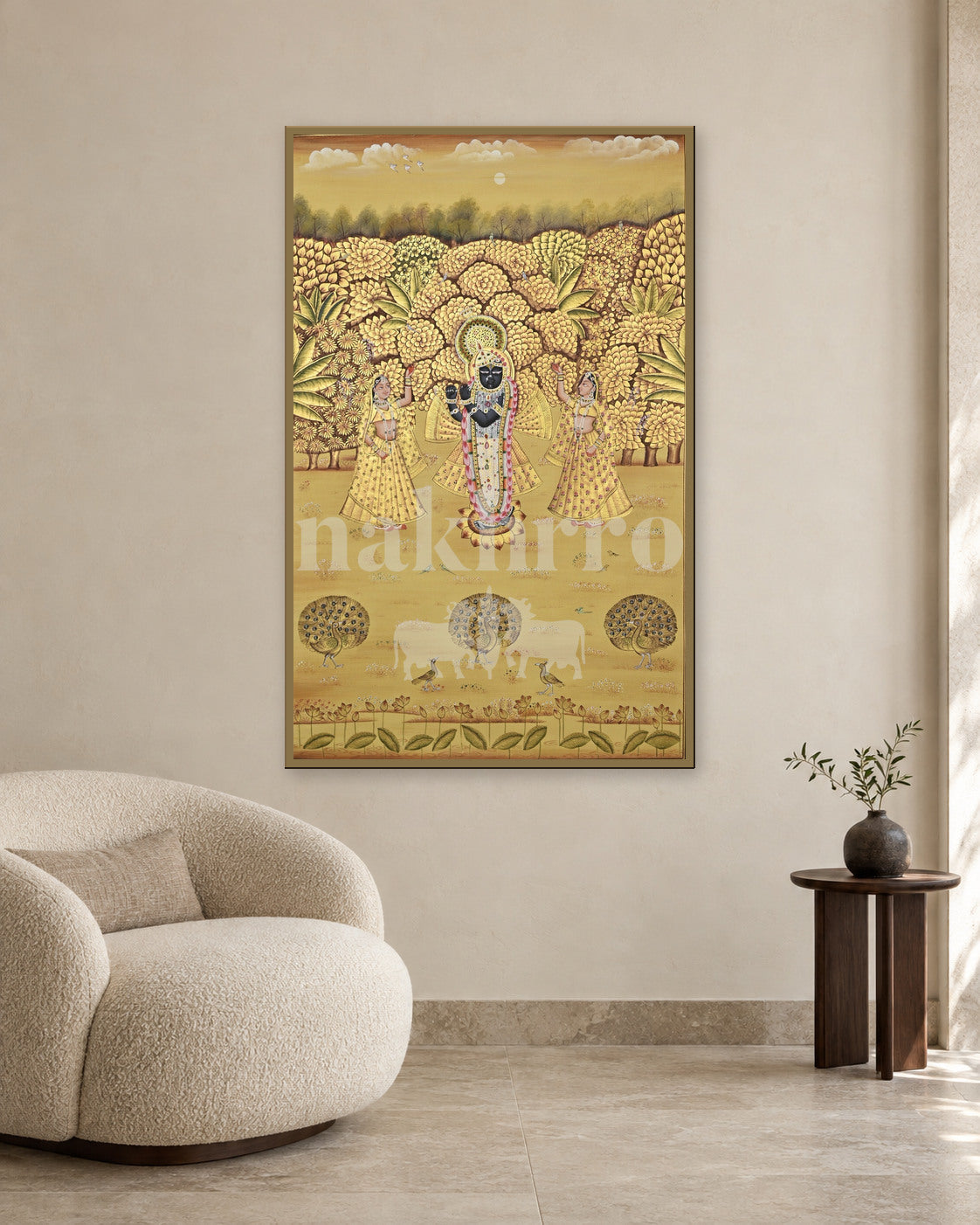 Shrinathji in a Golden Grove with Attendants — slim-frame room mockup 2 with Nakhrro watermark