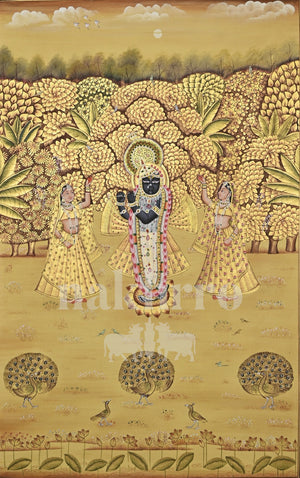 Shrinathji in a Golden Grove with Attendants — full artwork with Nakhrro watermark