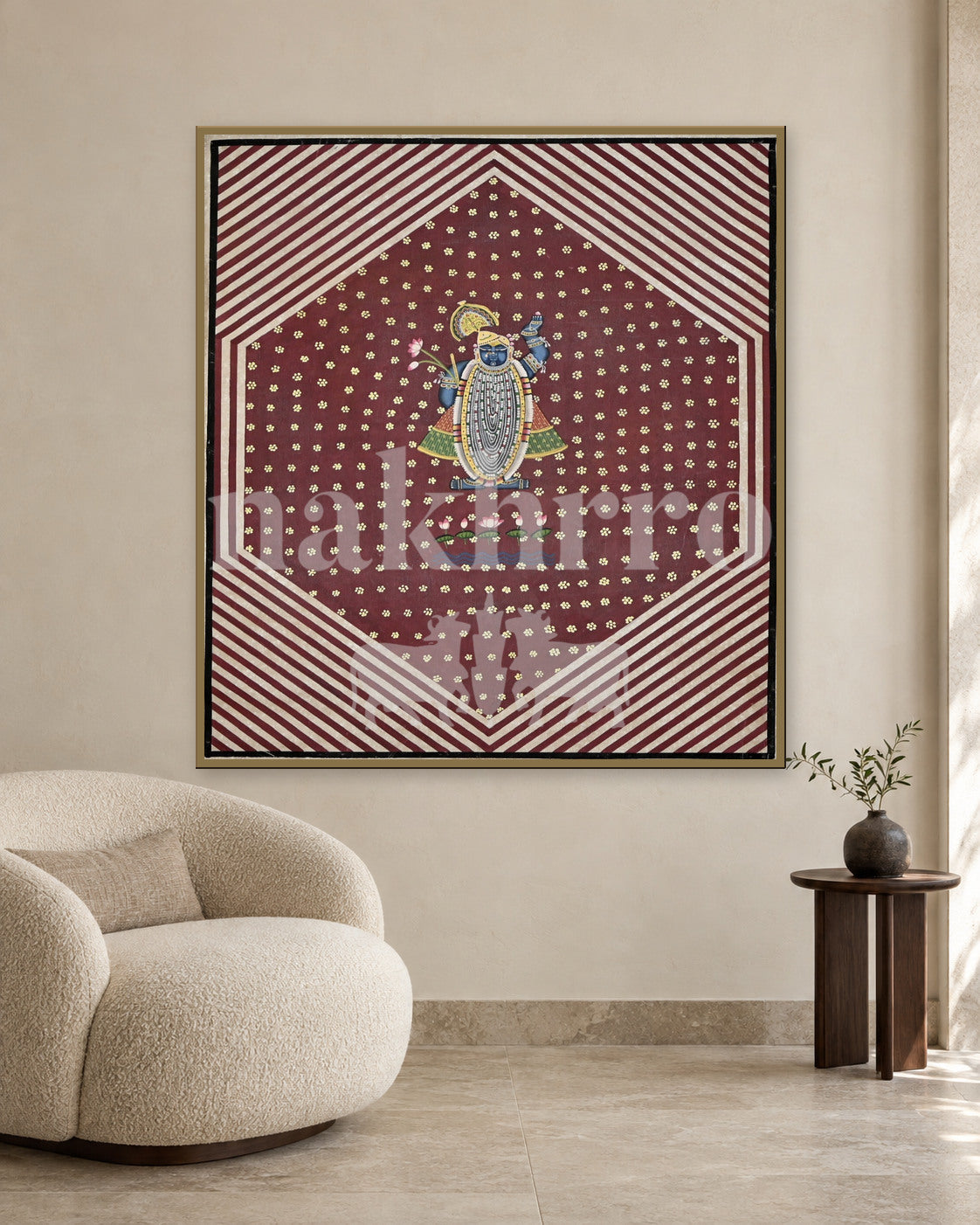 Shrinathji in a Maroon Geometric Medallion — slim-frame room mockup 2 with Nakhrro watermark