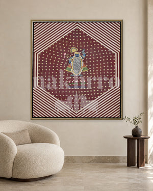 Shrinathji in a Maroon Geometric Medallion — slim-frame room mockup 2 with Nakhrro watermark
