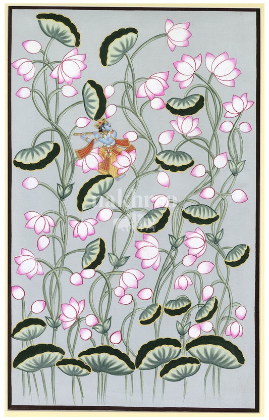 Shrinathji in a pale lotus garden Pichwai art print