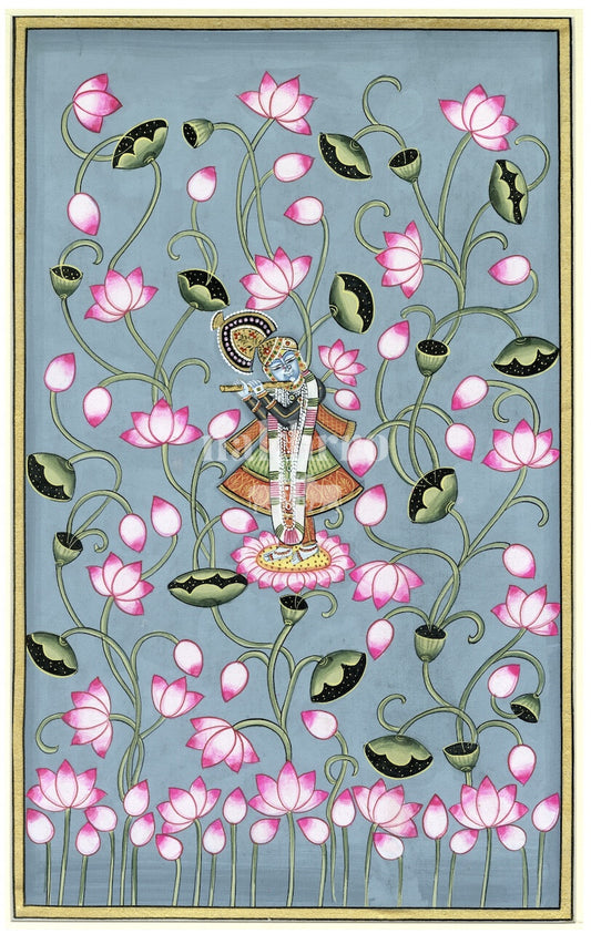 Shrinathji surrounded by pink lotus vines Pichwai art print